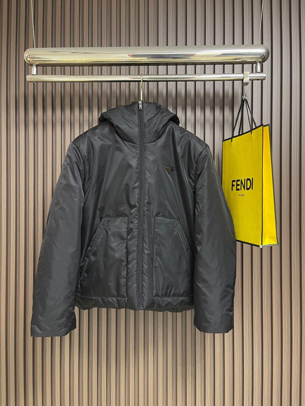 Prada Men's Black Triangle-Logo Hooded Waterproof Insulated Jacket