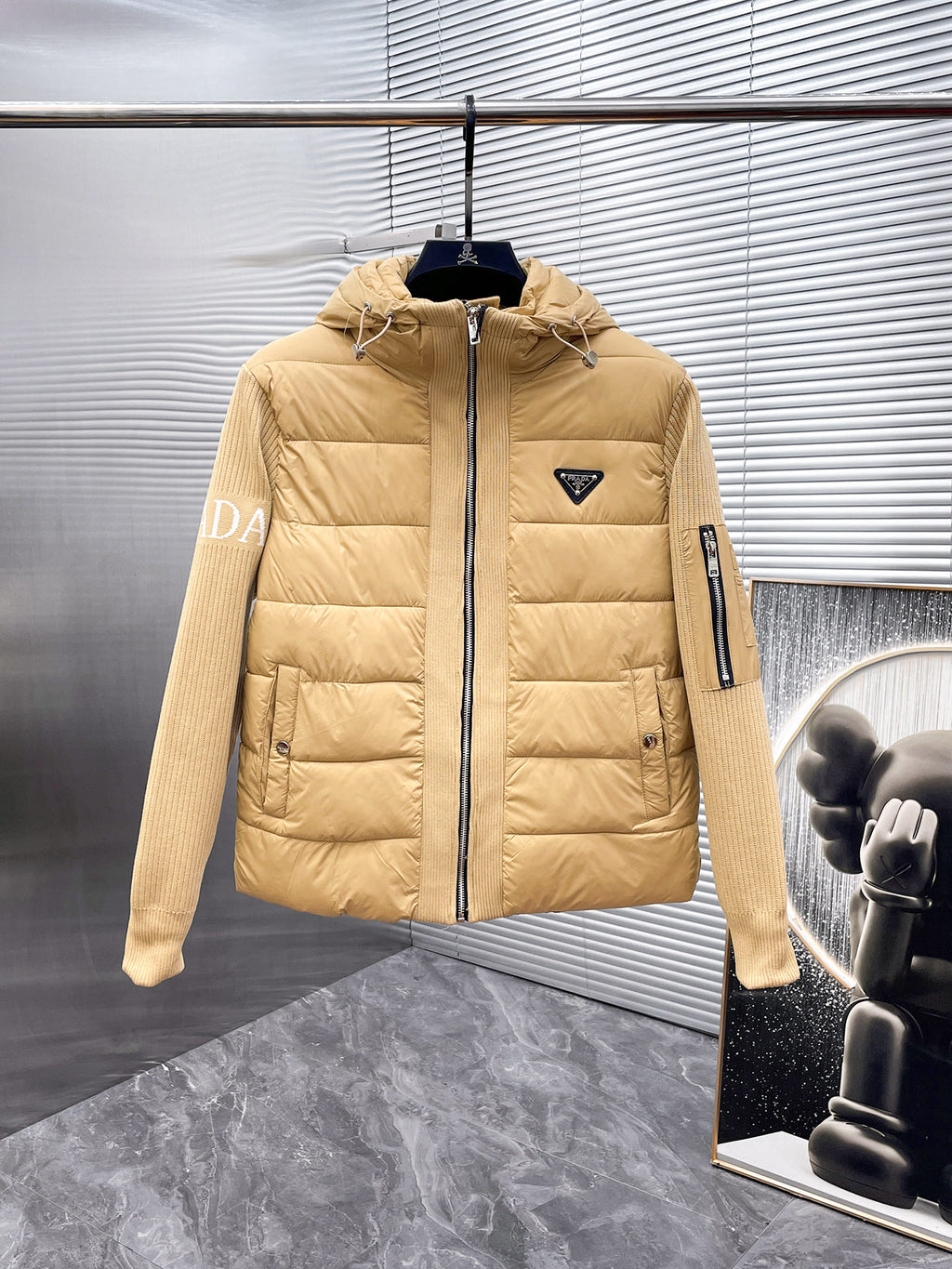 Prada Khaki Triangle-Logo Hooded Knit-Panel Quilted Jacket