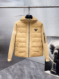 Prada Khaki Triangle-Logo Hooded Knit-Panel Quilted Jacket