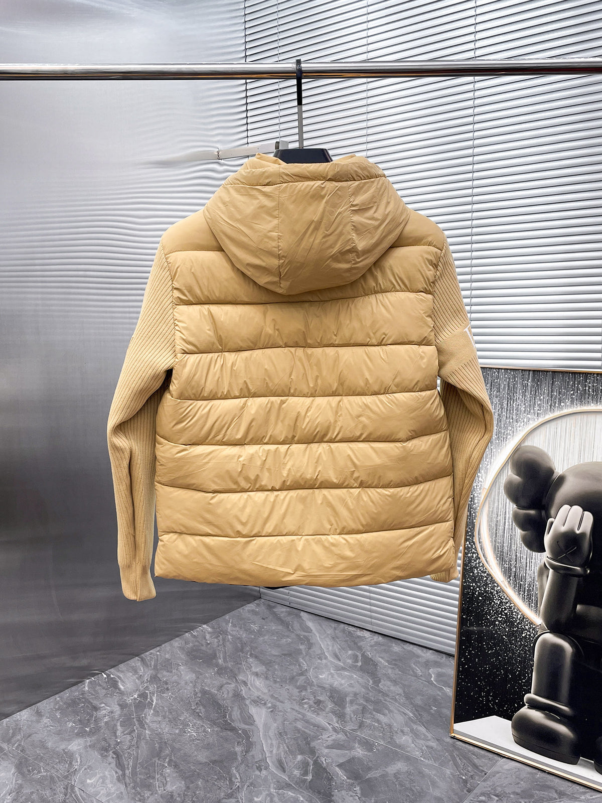 Prada Khaki Triangle-Logo Hooded Knit-Panel Quilted Jacket