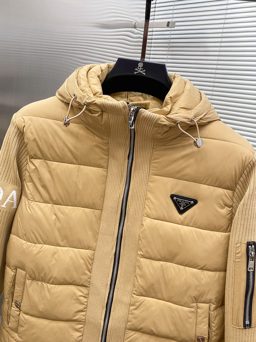 Prada Khaki Triangle-Logo Hooded Knit-Panel Quilted Jacket