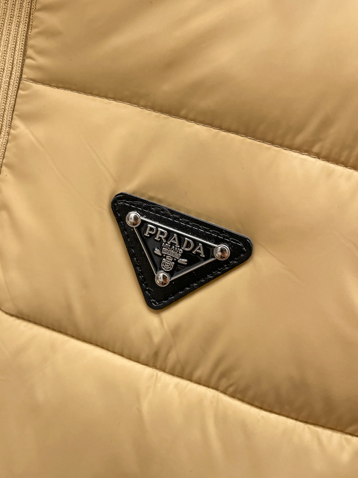 Prada Khaki Triangle-Logo Hooded Knit-Panel Quilted Jacket