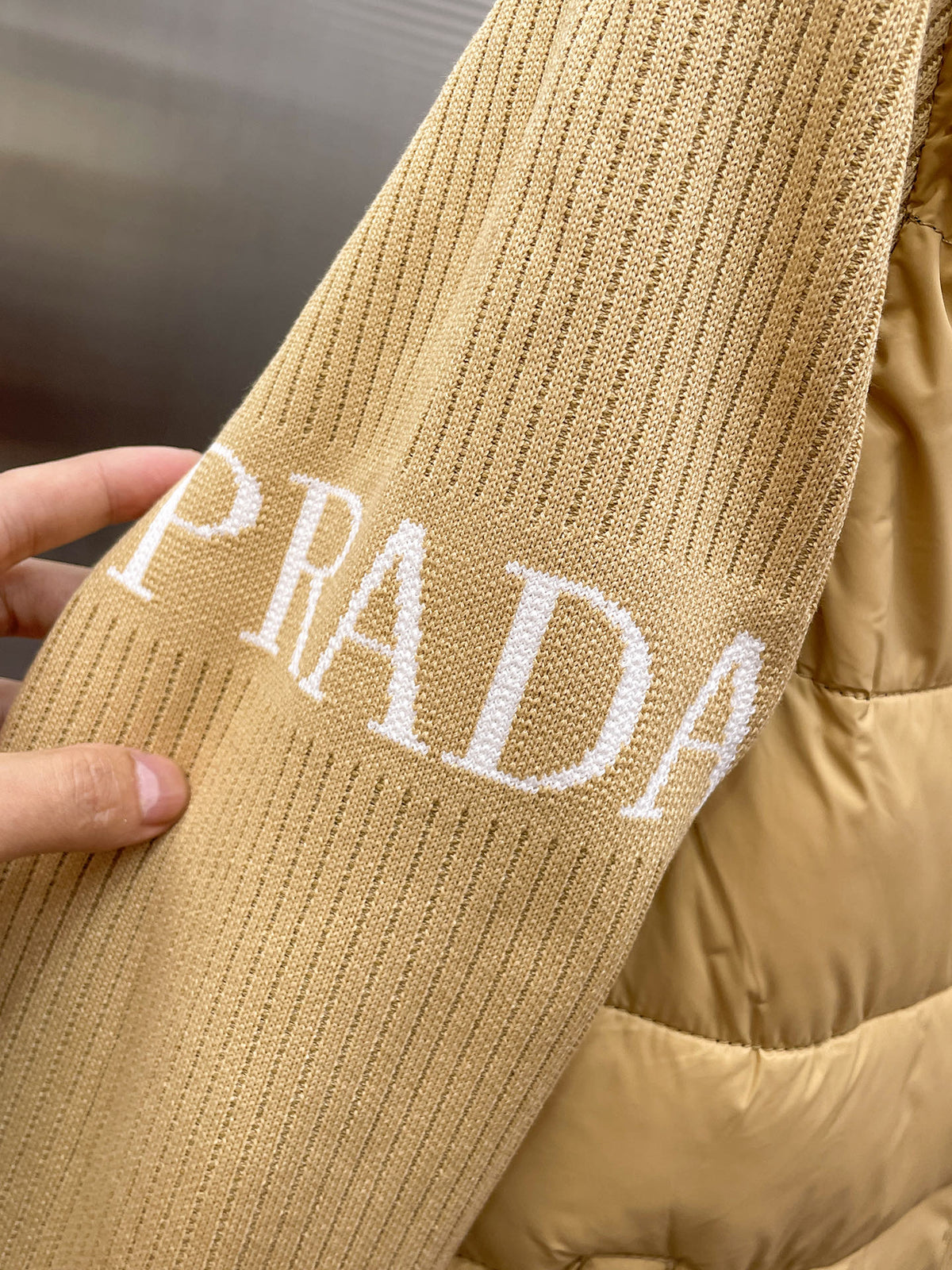 Prada Khaki Triangle-Logo Hooded Knit-Panel Quilted Jacket
