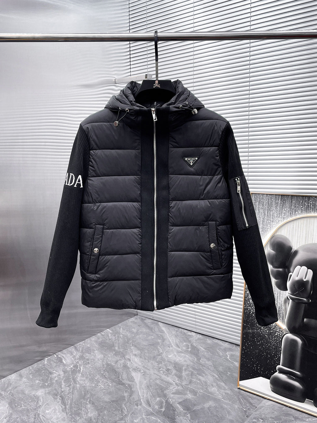 Prada Black Triangle-Logo Hooded Knit-Panel Quilted Jacket