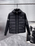 Prada Black Triangle-Logo Hooded Knit-Panel Quilted Jacket