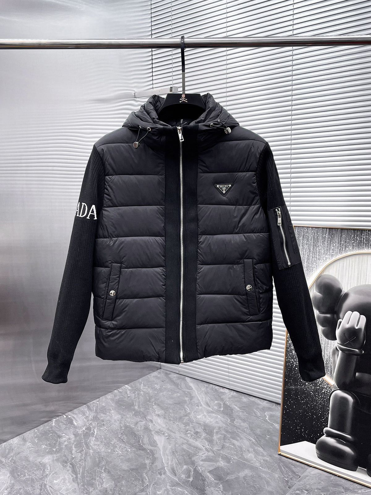 Prada Black Triangle-Logo Hooded Knit-Panel Quilted Jacket