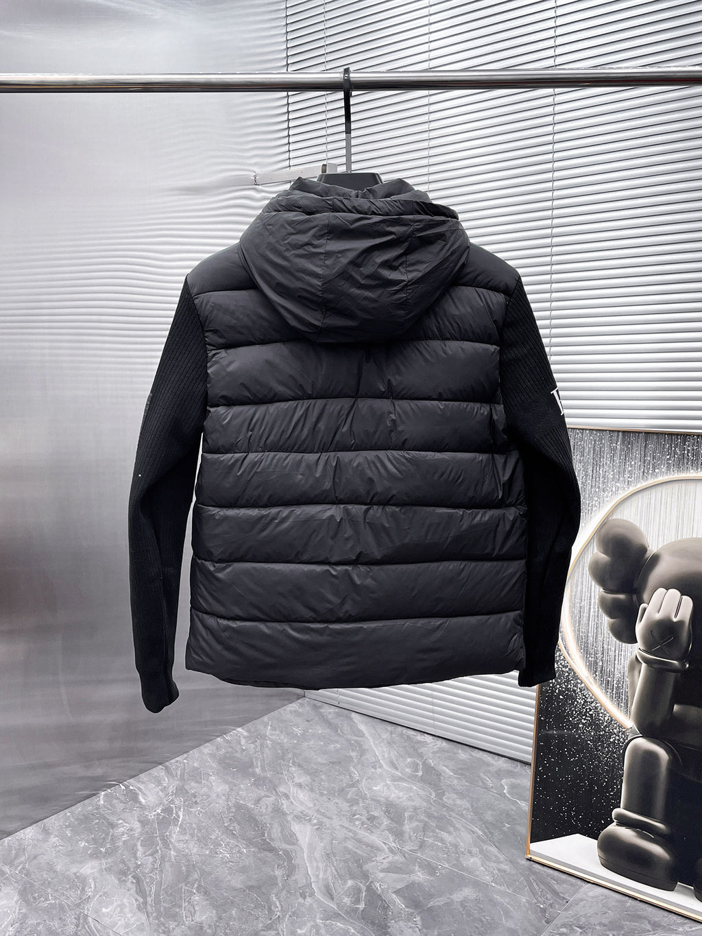 Prada Black Triangle-Logo Hooded Knit-Panel Quilted Jacket