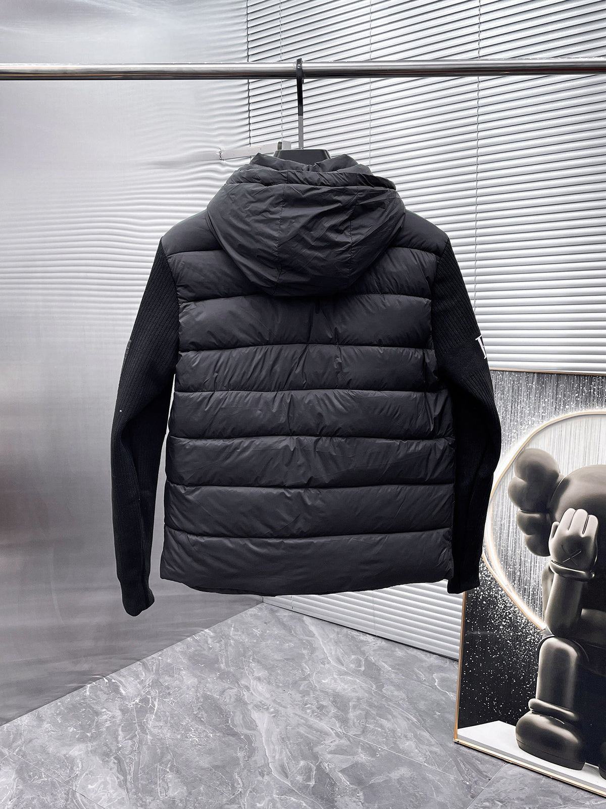 Prada Black Triangle-Logo Hooded Knit-Panel Quilted Jacket