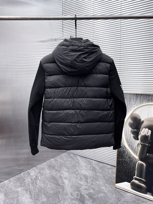 Prada Black Triangle-Logo Hooded Knit-Panel Quilted Jacket
