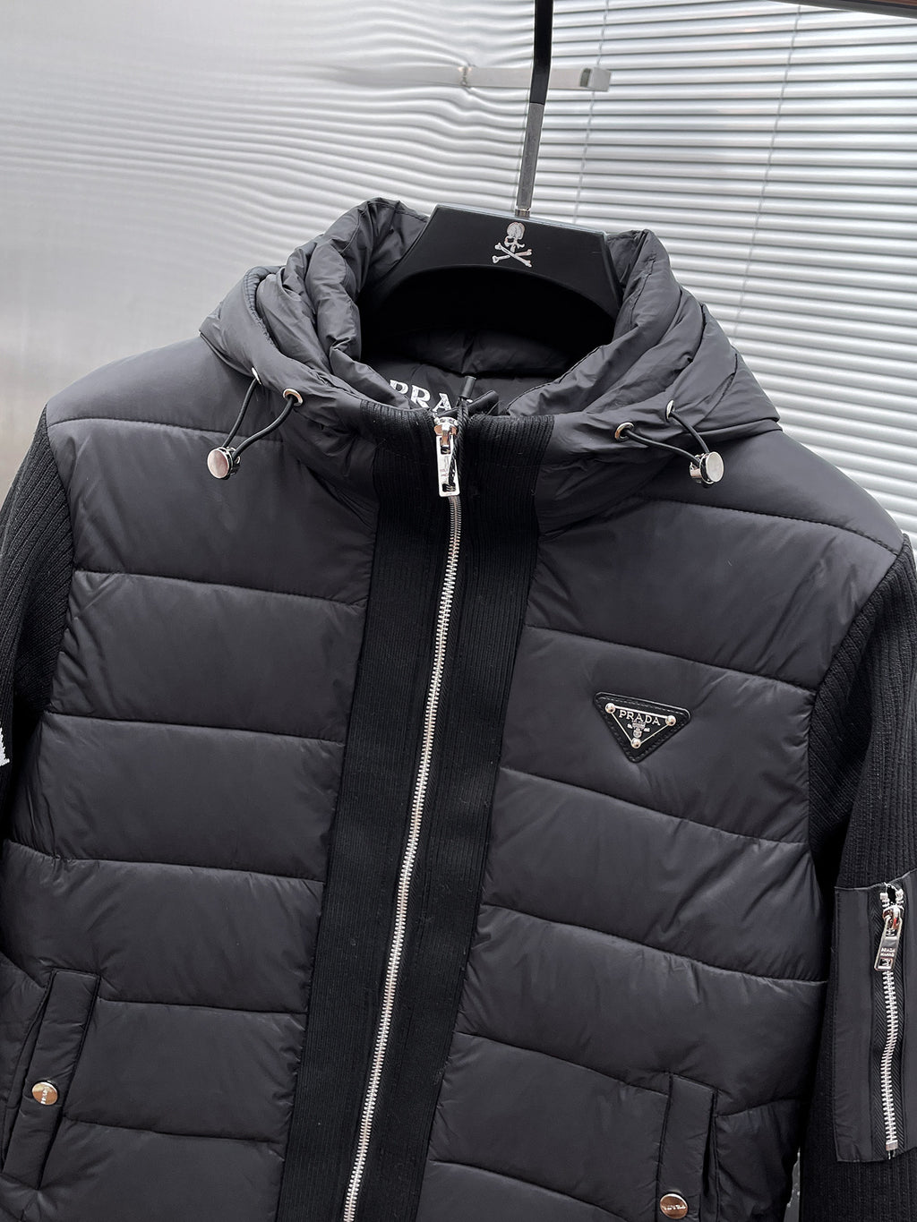 Prada Black Triangle-Logo Hooded Knit-Panel Quilted Jacket