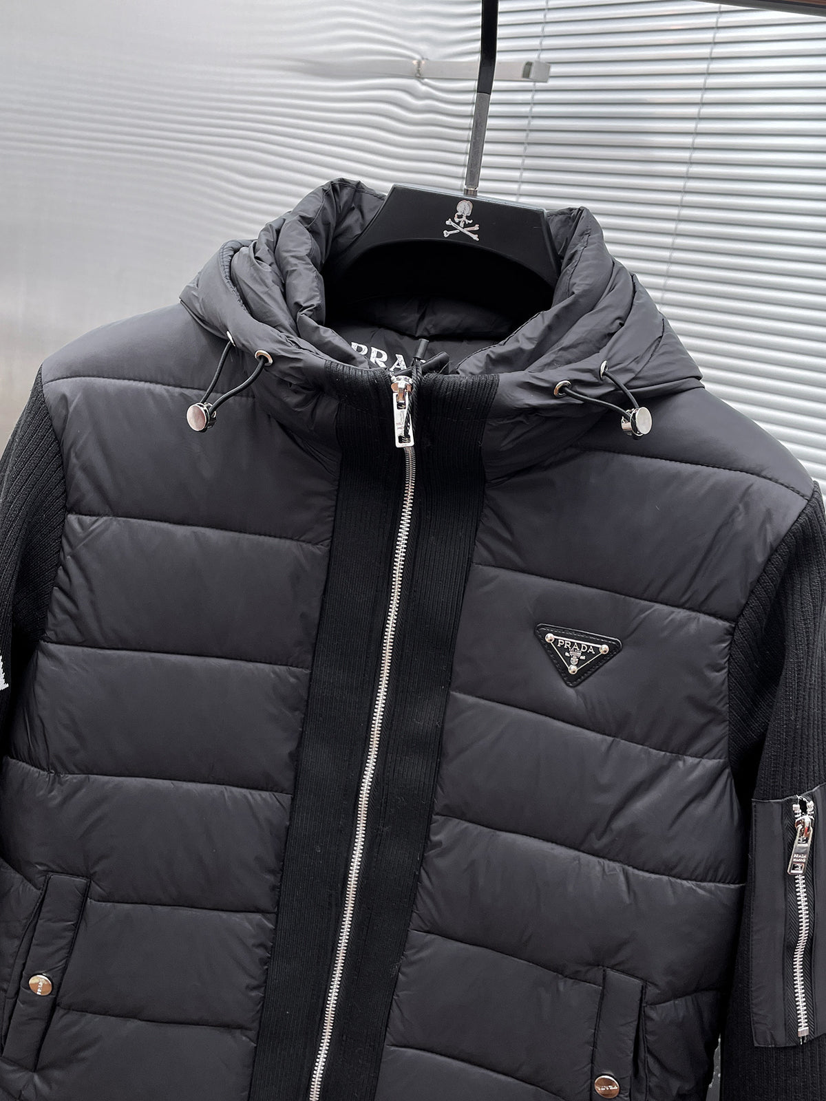 Prada Black Triangle-Logo Hooded Knit-Panel Quilted Jacket