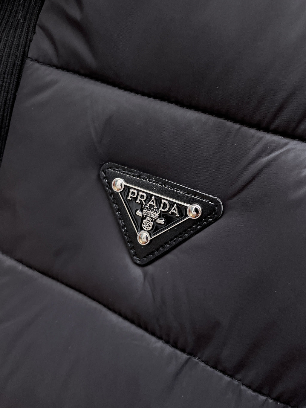 Prada Black Triangle-Logo Hooded Knit-Panel Quilted Jacket