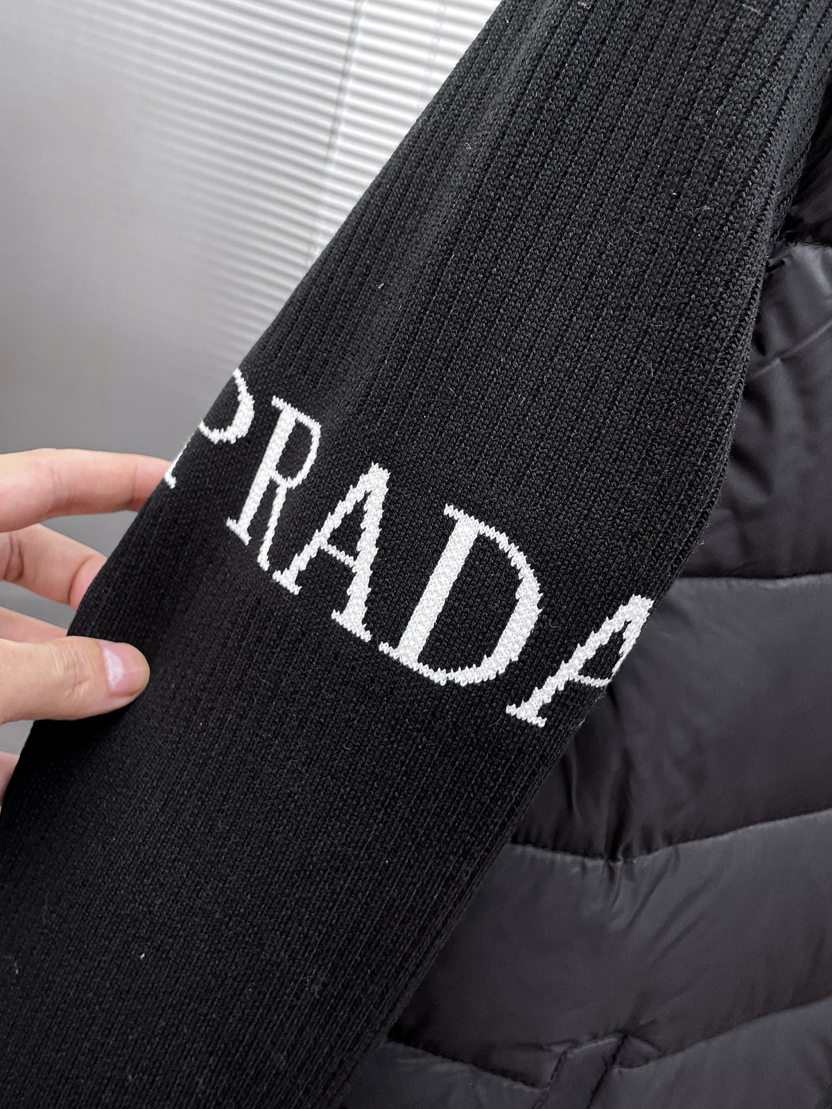 Prada Black Triangle-Logo Hooded Knit-Panel Quilted Jacket